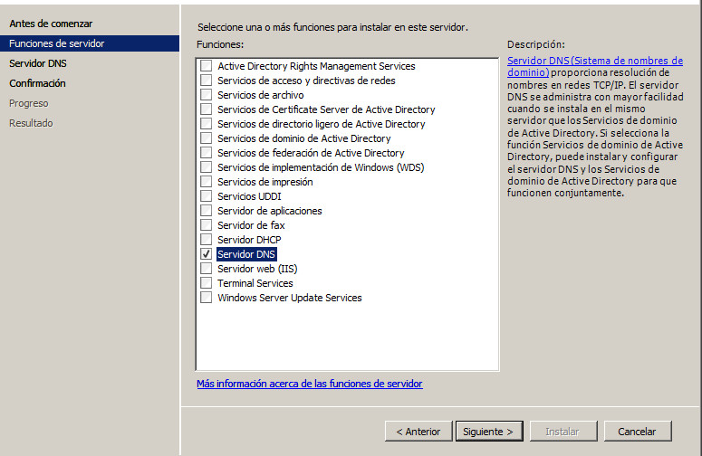 DNS Windows 2008 activar función DNS 