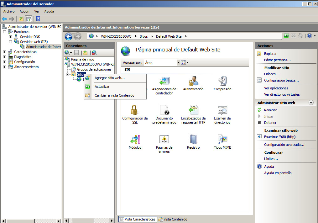 HTTP Windows 2008 IIS agregar sitio