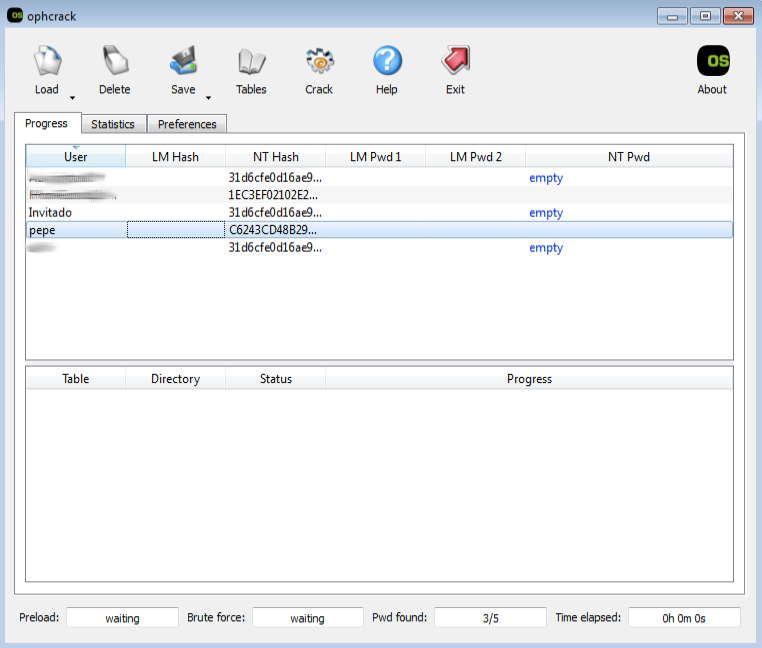 Pantallazo Ophcrack