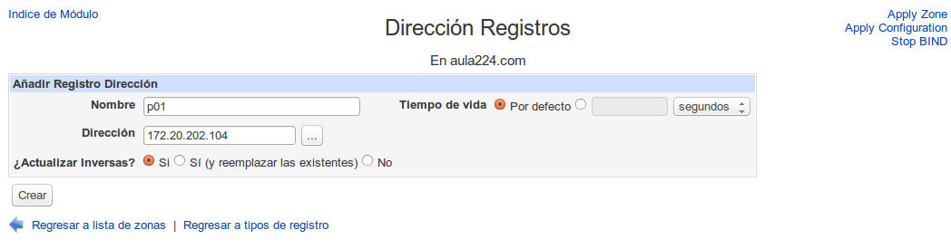 Webmin DNS Registro de dirección